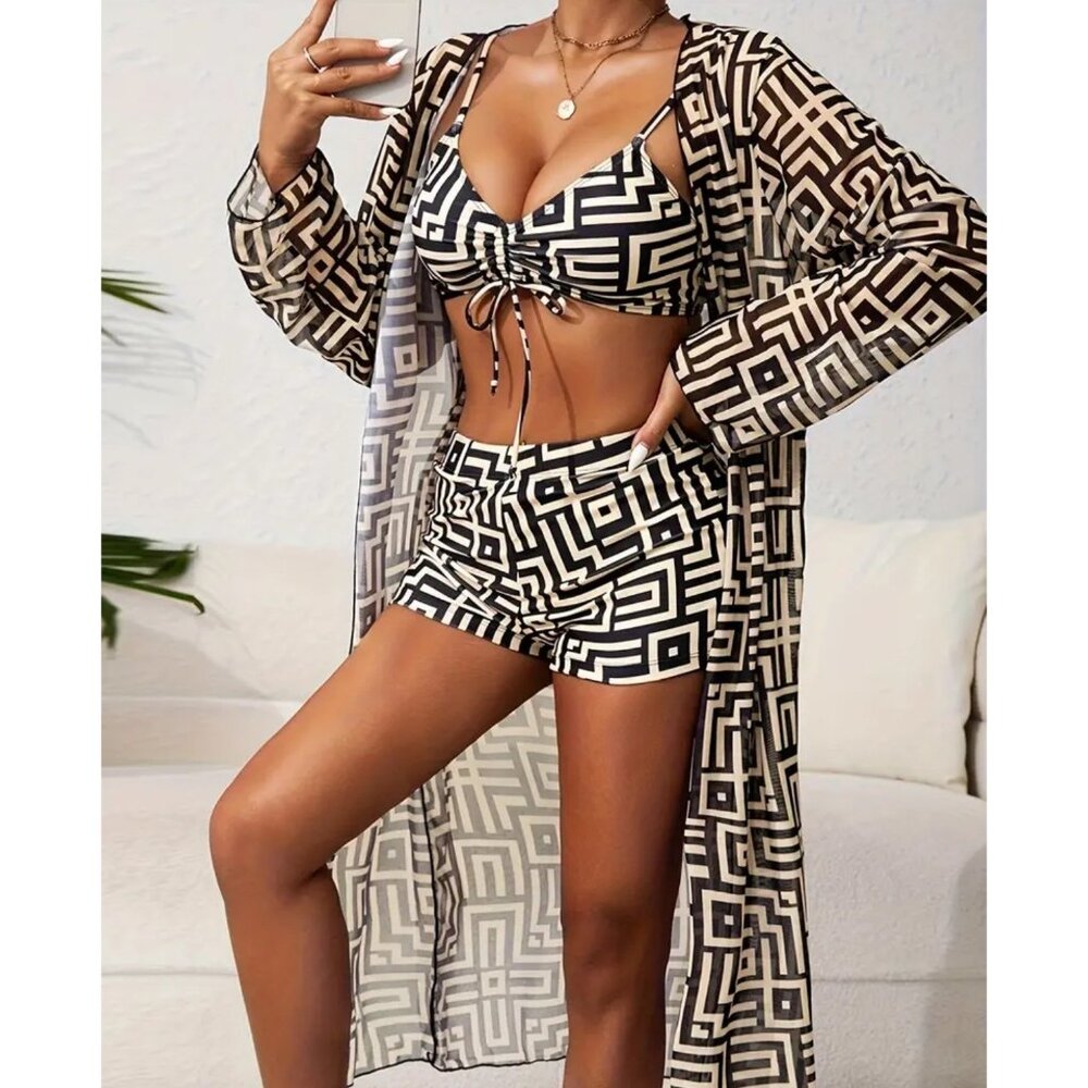 New 3-Piece Womens Geometric Print Bikini Set With Long Sheer Cover-Up XL